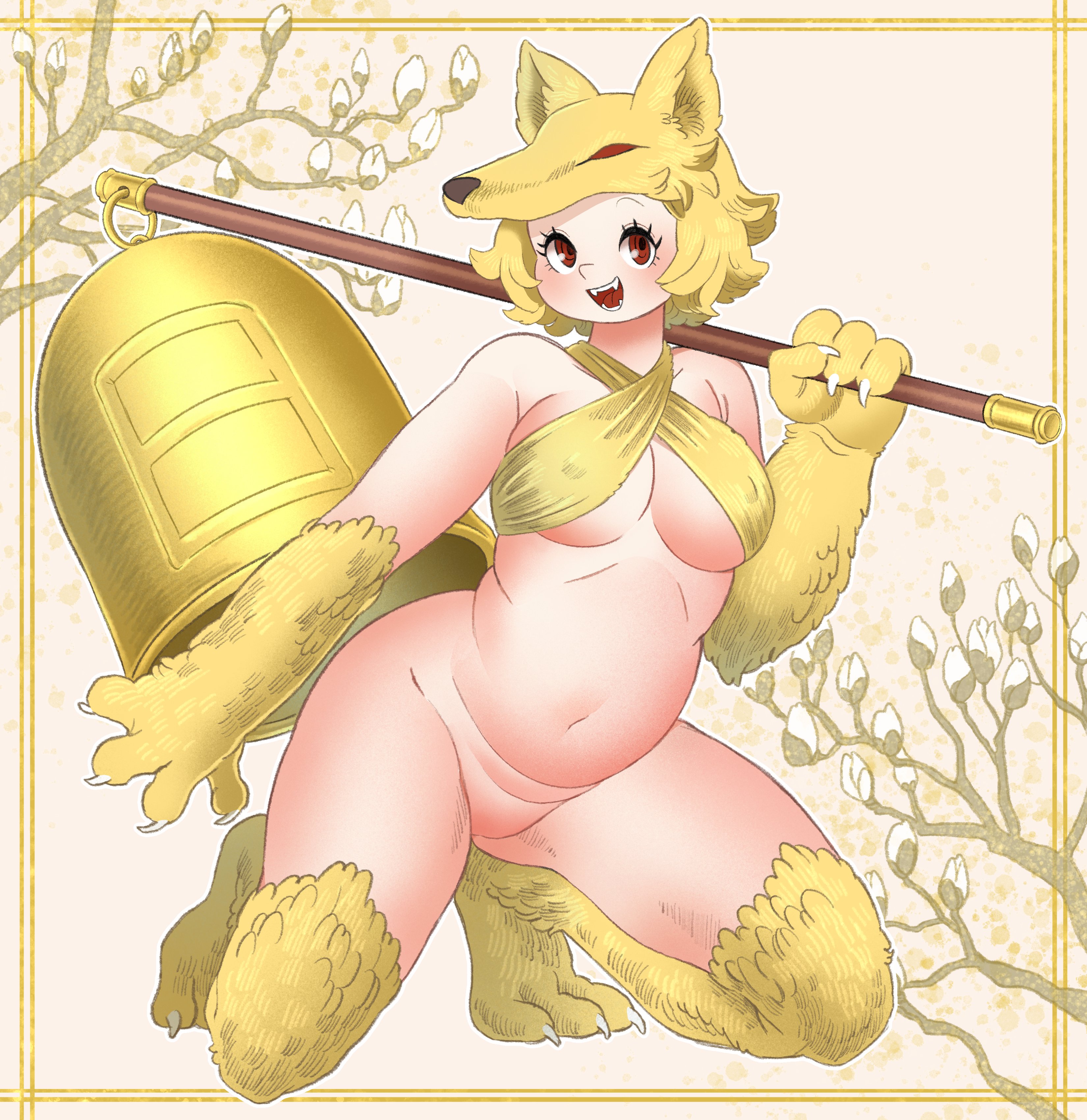 panoramango, moonlight flower, ragnarok online, absurdres, commentary request, commission, highres, second-party source, skeb commission, 1girl, :d, animal feet, animal hands, bell, belly, blonde hair, blush, bottomless, bra, breasts, covered erect nipples, criss-cross halter, curvy, fox girl, full body, halterneck, holding, holding staff, kneeling, large breasts, looking at viewer, navel, no pussy, open mouth, red eyes, short hair, smile, solo, staff, underwear, yellow background, yellow bra