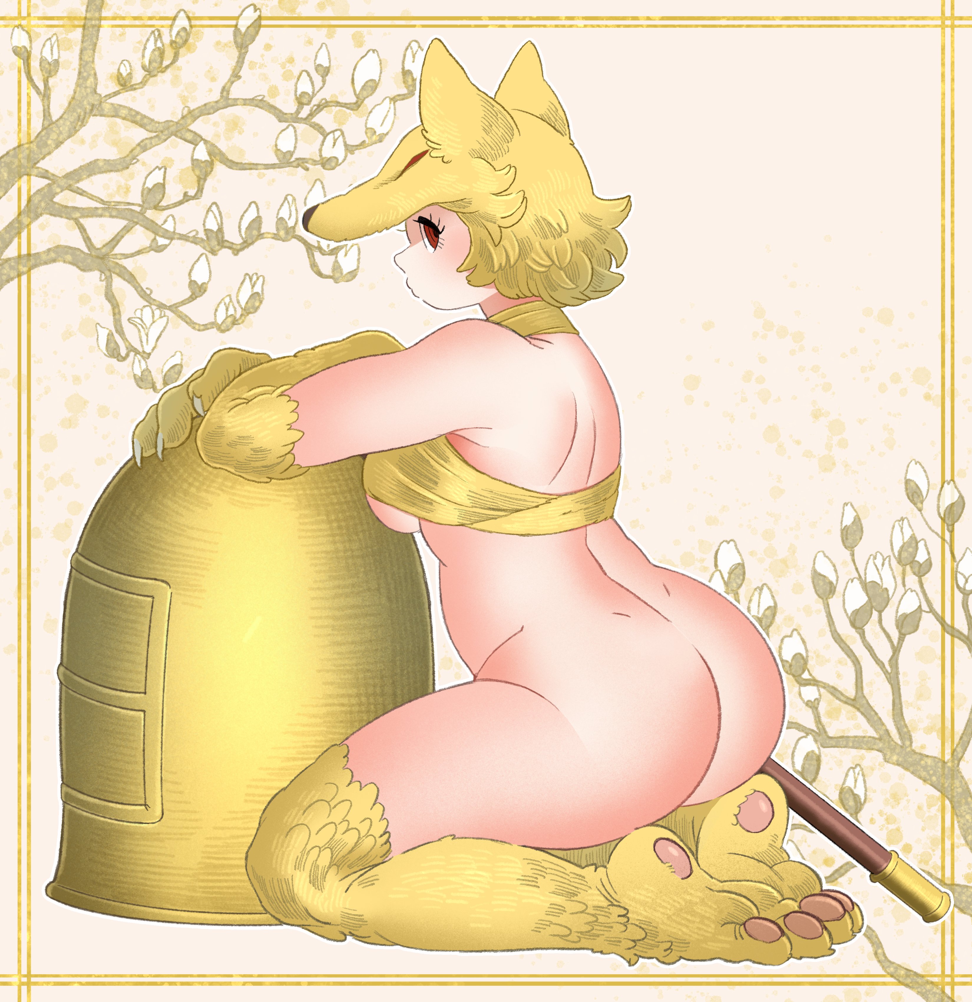 panoramango, moonlight flower, ragnarok online, absurdres, commentary request, commission, highres, second-party source, skeb commission, 1girl, animal feet, animal hands, ass, back, bell, blonde hair, blush, bottomless, bra, breasts, closed mouth, criss-cross halter, curvy, fox girl, from behind, full body, halterneck, kneeling, large breasts, looking at viewer, red eyes, short hair, solo, staff, underwear, yellow background, yellow bra