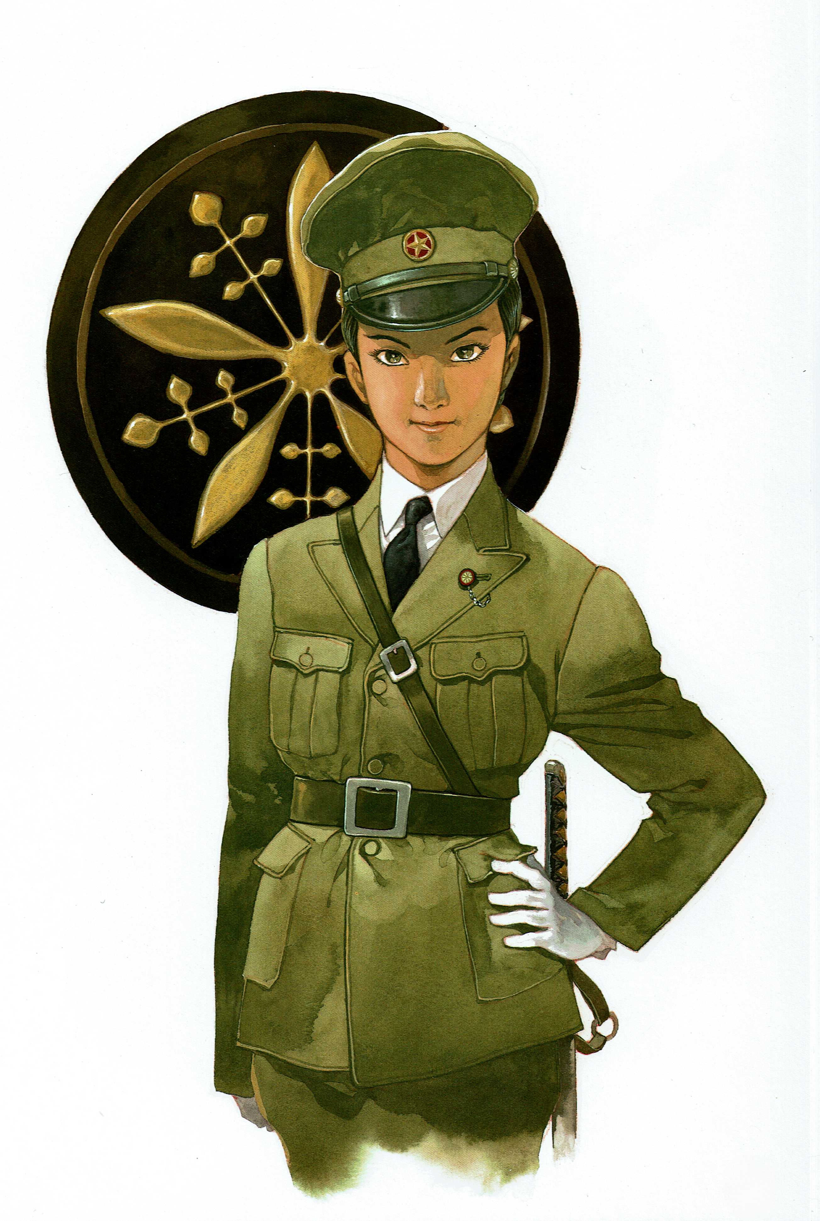 yasuhiko yoshikazu, nijiiro no trotsky, absurdres, highres, non-web source, belt, hat, imperial japanese army, katana, manchukuo, military, military hat, military uniform, necktie, sword, weapon, world war ii