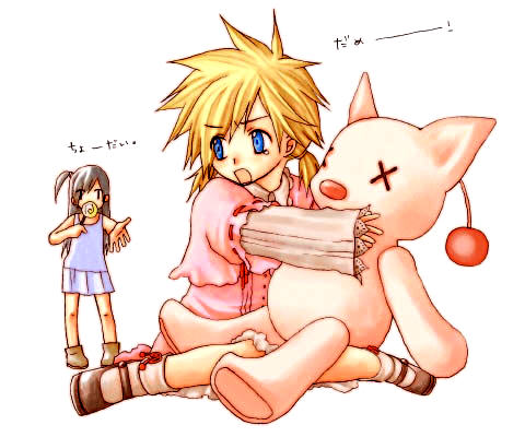 rendezvous, cloud strife, moogle, tifa lockhart, final fantasy, final fantasy vii, lowres, translation request, 1990s (style), 1boy, 1girl, aged down, blonde hair, candy, child, couple, crossdressing, food, hetero, lollipop, long hair, retro artstyle, stuffed animal, stuffed toy, trap