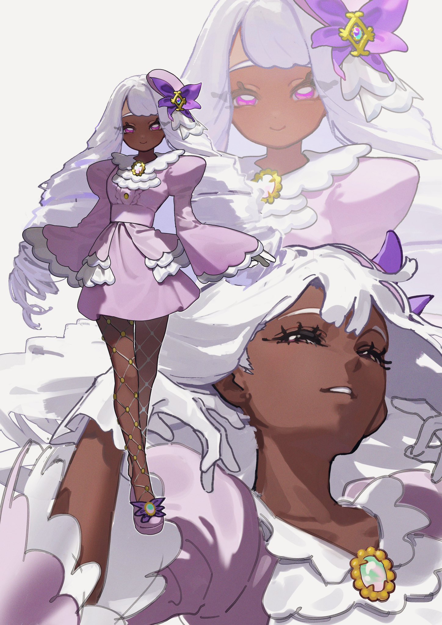 sora no87, jacinthe (pokemon), nintendo, pokemon, pokemon legends: z-a, commentary request, highres, 1girl, ascot, brooch, crossed legs, dark-skinned female, dark skin, dress, fascinator, fishnet pantyhose, fishnets, frilled ascot, frilled dress, frilled sleeves, frills, full body, gloves, hair flip, half-closed eyes, hands in own hair, hands up, jewelry, juliet sleeves, long eyelashes, long sleeves, looking at viewer, low drills, multiple views, pantyhose, parted lips, puffy sleeves, purple dress, purple eyes, purple hair, purple shoes, shoes, short dress, sleeves past wrists, smile, upper body, very dark skin, watson cross, white gloves, wide sleeves