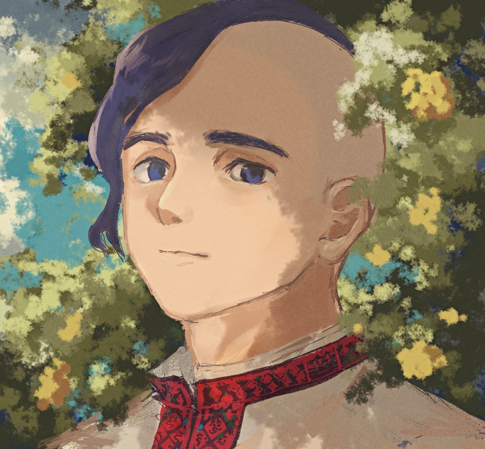 kikurina, original, second-party source, 1boy, blue sky, cossack, leaf, looking at viewer, male focus, oseledets, outdoors, portrait, purple eyes, purple hair, sky, ukraine, ukrainian clothes, vyshyvanka