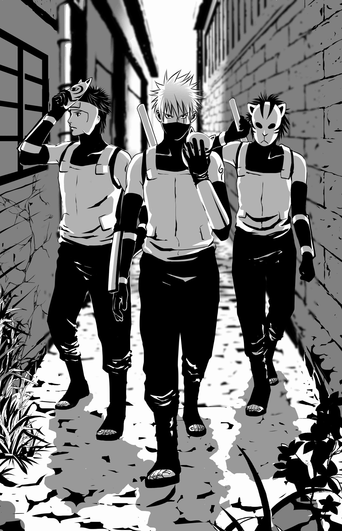 hatake kakashi, naruto (series), character request, commentary request, highres, 3boys, alley, boots, elbow gloves, fox mask, gloves, greyscale, headgear, konohagakure anbu uniform, male focus, mask, matsu (fu6ide2), monochrome, mouth mask, multiple boys, ninja, open-toe boots, scar, scar across eye, scar on face, sleeveless, sleeveless turtleneck, sword, sword on back, turtleneck, weapon, weapon on back