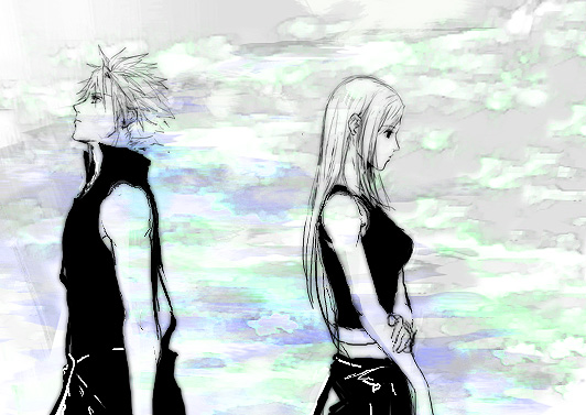 niko (silent.whitesnow), cloud strife, tifa lockhart, final fantasy, final fantasy vii, 1990s (style), 1boy, 1girl, back-to-back, couple, monochrome, retro artstyle, simple background, standing