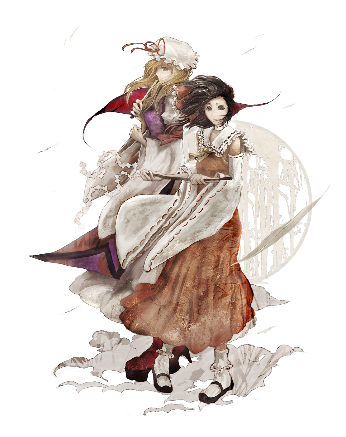 taron (tatataron), hakurei reimu, yakumo yukari, touhou, bad id, bad pixiv id, highres, 2girls, female focus, gap (touhou), gohei, hand fan, multiple girls, wind