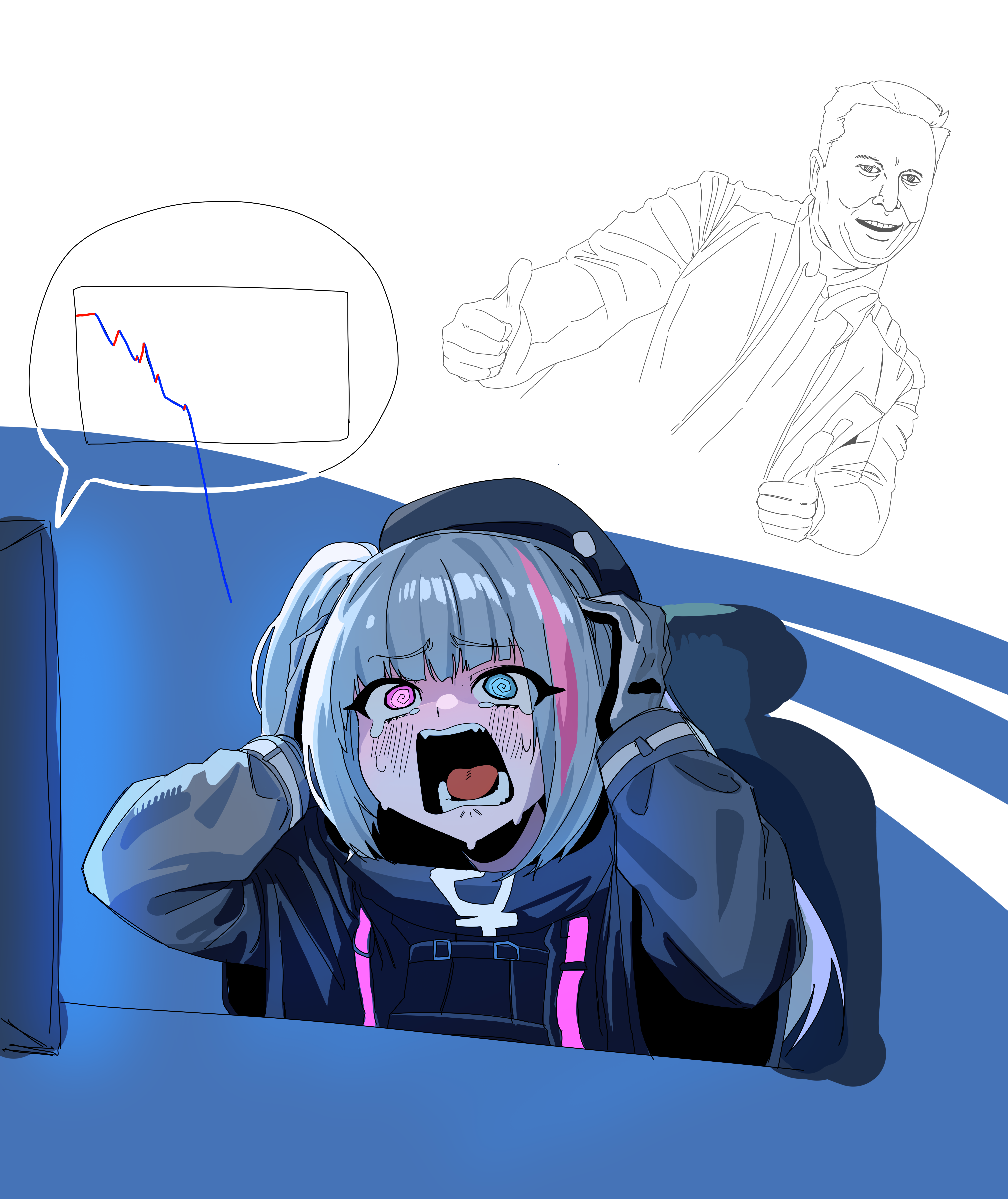 elon musk, mdr (girls' frontline), girls' frontline, absurdres, commentary, highres, 1boy, 1girl, @ @, beret, black gloves, black hat, blue eyes, double thumbs up, gloves, hands on own head, hat, heterochromia, monitor, multicolored hair, one side up, open mouth, pink eyes, pink hair, ruppu, screaming, sitting, speech bubble, stock chart, streaked hair, teeth, thumbs up, tongue, two-tone gloves, white gloves