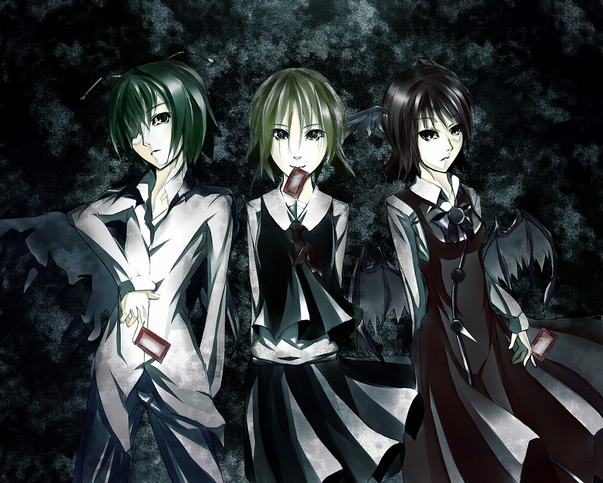 deike, mystia lorelei, rumia, wriggle nightbug, touhou, 3girls, aged up, antennae, blonde hair, female focus, green hair, mouth hold, multiple girls, red eyes, skinny, wings