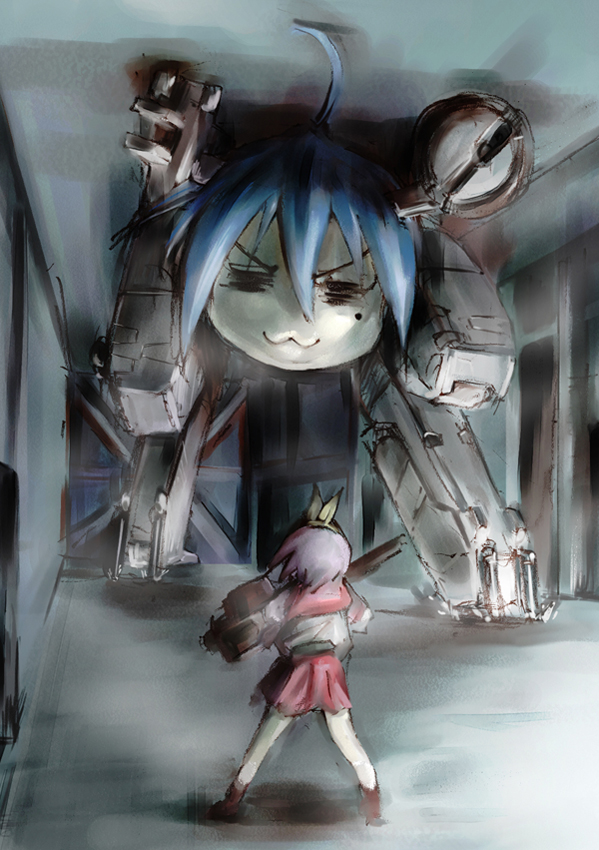 ikuyoan, hiiragi tsukasa, izumi konata, metal gear rex, lucky star, metal gear (series), metal gear solid, bad id, bad pixiv id, 1girl, :3, = =, ahoge, cannon, fim-92 stinger, magnetic weapon, man-portable air-defense system, mecha, missile launcher, mole, mole under eye, non-humanoid robot, parody, railgun, robot, rocket launcher, school uniform, serafuku, walker (robot), weapon, what