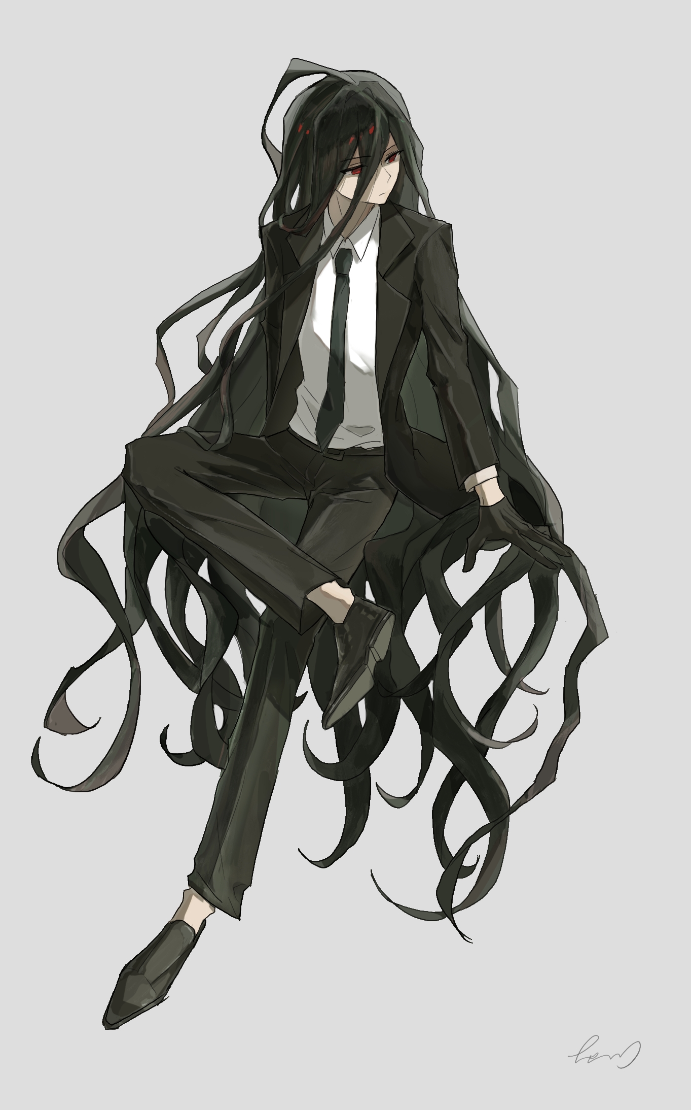 kamukura izuru, danganronpa (series), danganronpa 2: goodbye despair, highres, 1boy, black gloves, black hair, black jacket, black necktie, black shoes, collared shirt, gloves, grey background, hair between eyes, invisible chair, jacket, long hair, long sleeves, male focus, necktie, red eyes, sake semi, shirt, shoes, simple background, sitting