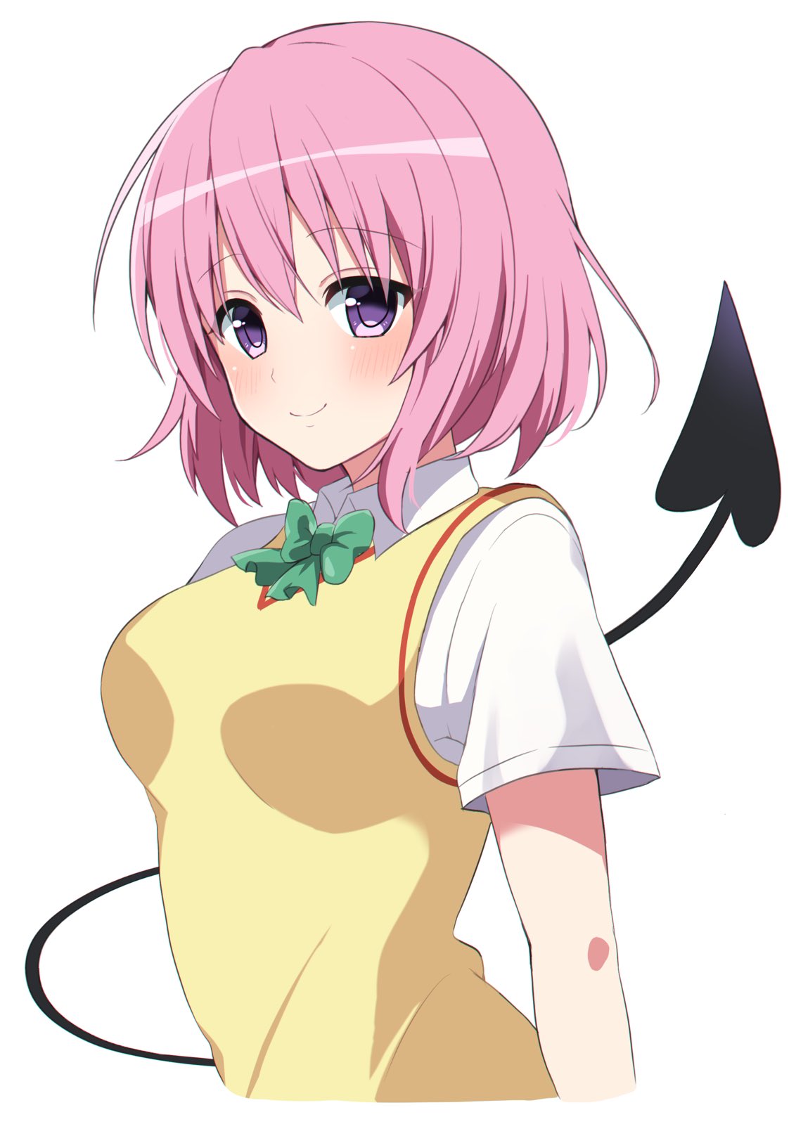 murase48, momo velia deviluke, to love-ru, to love-ru darkness, commentary, highres, symbol-only commentary, 1girl, blush, bow, bowtie, breasts, closed mouth, demon tail, green bow, green bowtie, hair between eyes, looking at viewer, medium breasts, pink hair, purple eyes, sainan high school uniform, school uniform, short hair, smile, solo, summer uniform, sweater vest, tail, vest, yellow sweater vest, yellow vest