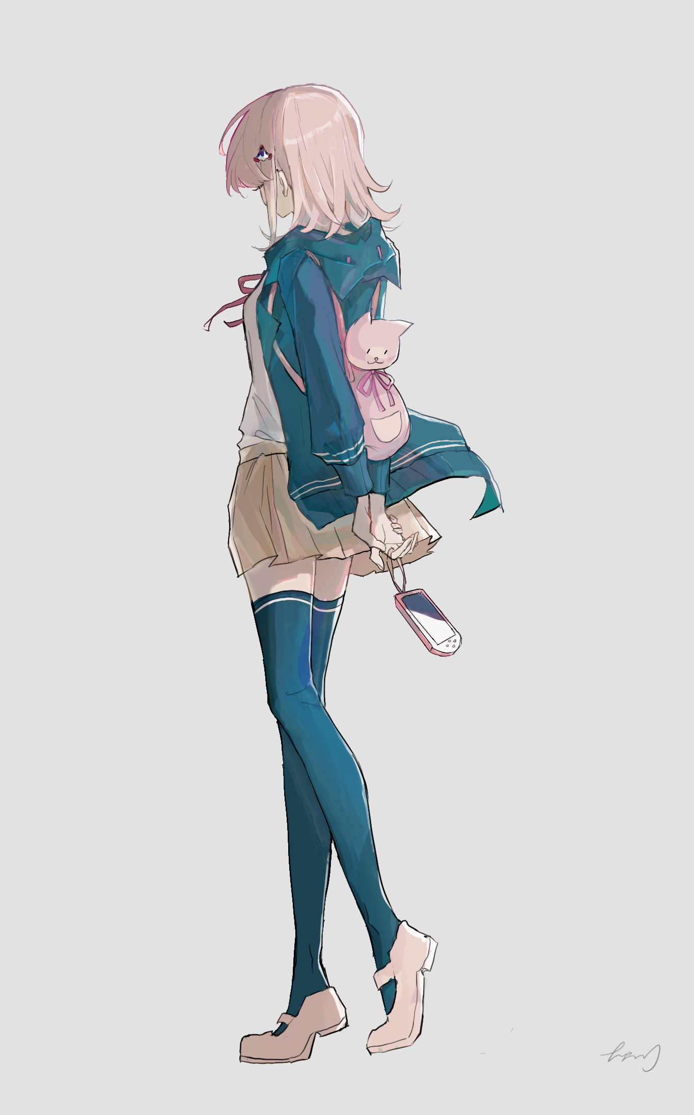 nanami chiaki, danganronpa (series), danganronpa 2: goodbye despair, highres, 1girl, breasts, brown hair, flipped hair, from side, green thighhighs, hair ornament, hood, jacket, long sleeves, medium hair, neck ribbon, open clothes, open jacket, pink ribbon, pink shoes, pleated skirt, ribbon, sake semi, shirt, shoes, skirt, solo, standing, thighhighs, white shirt