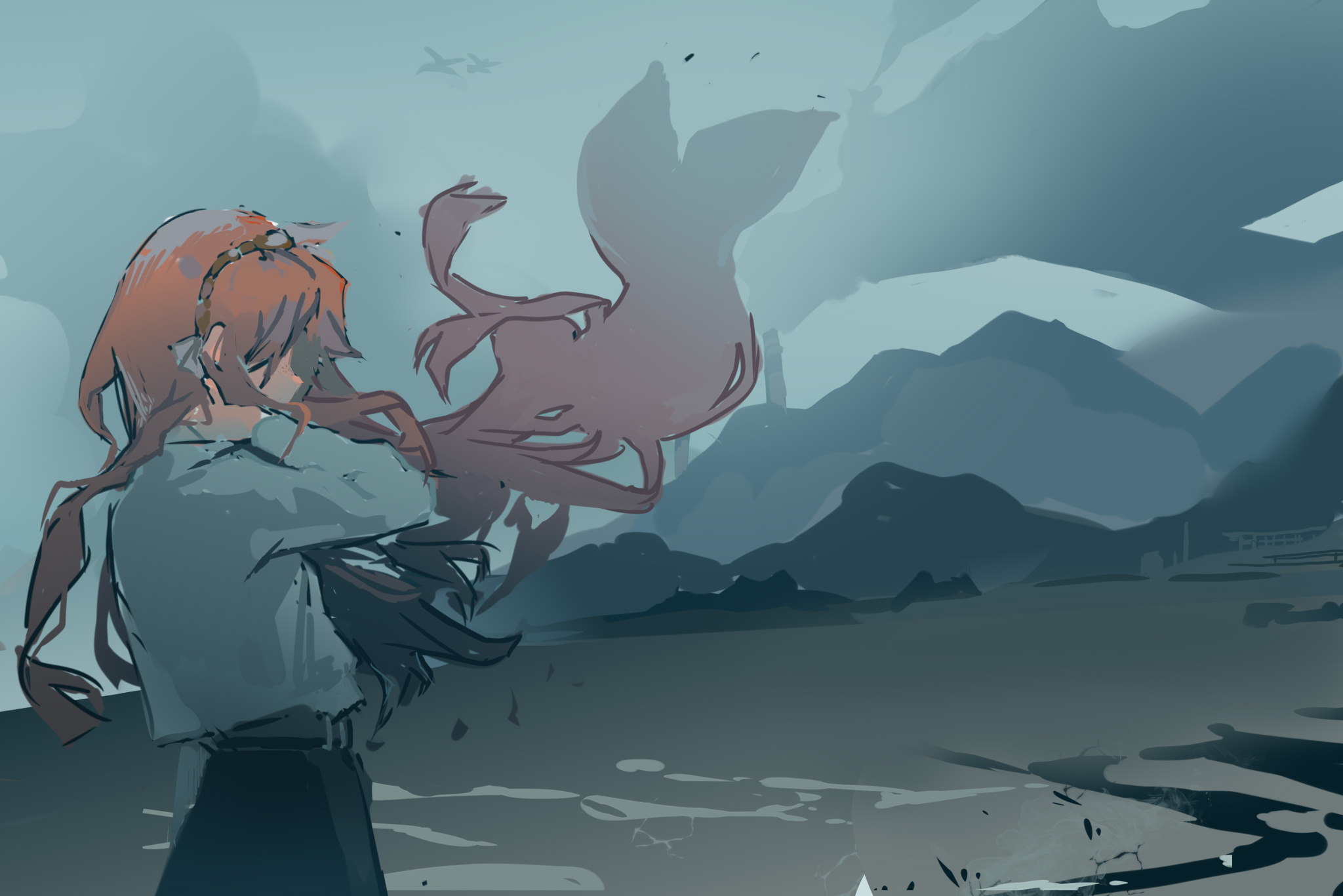 ishmael (project moon), limbus company, project moon, commentary, highres, 1girl, ahiruuyew, beach, black pants, bow, brown hairband, floating hair, hair bow, hairband, long hair, long sleeves, mountainous horizon, muted color, ocean, orange hair, pants, rope, shirt, sidelocks, solo, very long hair, wavy hair, white bow, white shirt