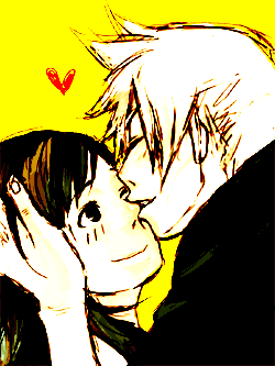 cloud strife, tifa lockhart, final fantasy, final fantasy vii, lowres, 1990s (style), heart, kiss, monochrome, retro artstyle, sepia, simple background, spot color, yellow background