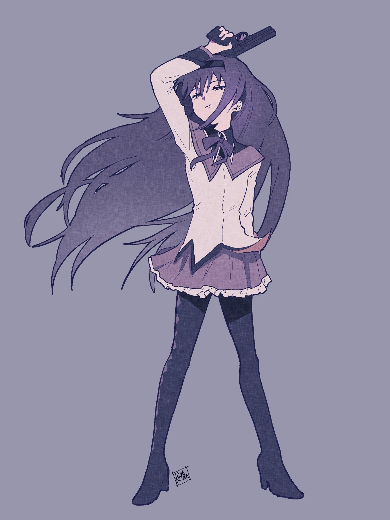 mochitose aguri, akemi homura, akemi homura (magical girl), mahou shoujo madoka magica, mahou shoujo madoka magica (anime), highres, 1girl, argyle clothes, argyle pantyhose, arm above head, artist logo, black hairband, frilled skirt, frills, full body, gun, hairband, handgun, holding, holding gun, holding weapon, logo, long hair, magical girl, purple background, purple skirt, purple theme, simple background, skirt, solo, weapon