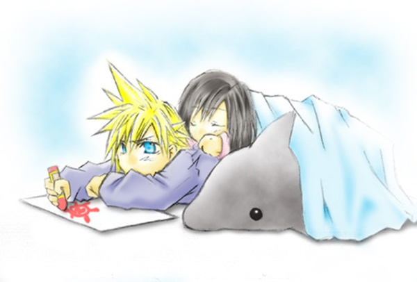 cloud strife, tifa lockhart, final fantasy, final fantasy vii, 1990s (style), aged down, bed, blanket, blue background, closed eyes, dolphin, hug, hug from behind, retro artstyle, simple background, sleeping, stuffed animal, stuffed toy, white background