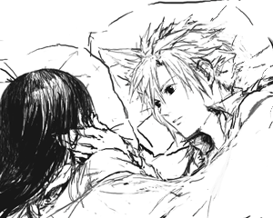 niko (silent.whitesnow), cloud strife, tifa lockhart, final fantasy, final fantasy vii, lowres, 1990s (style), bed, greyscale, hand on another's face, monochrome, retro artstyle