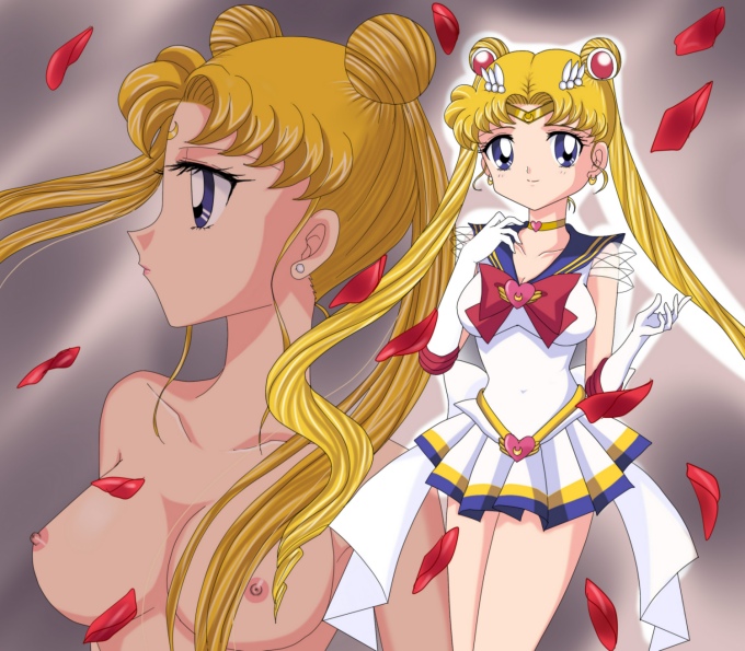 sailor moon, super sailor moon, tsukino usagi, bishoujo senshi sailor moon, bishoujo senshi sailor moon supers, 1990s (style), blonde hair, breasts, facial mark, forehead mark, nipples, petals, smile, twintails
