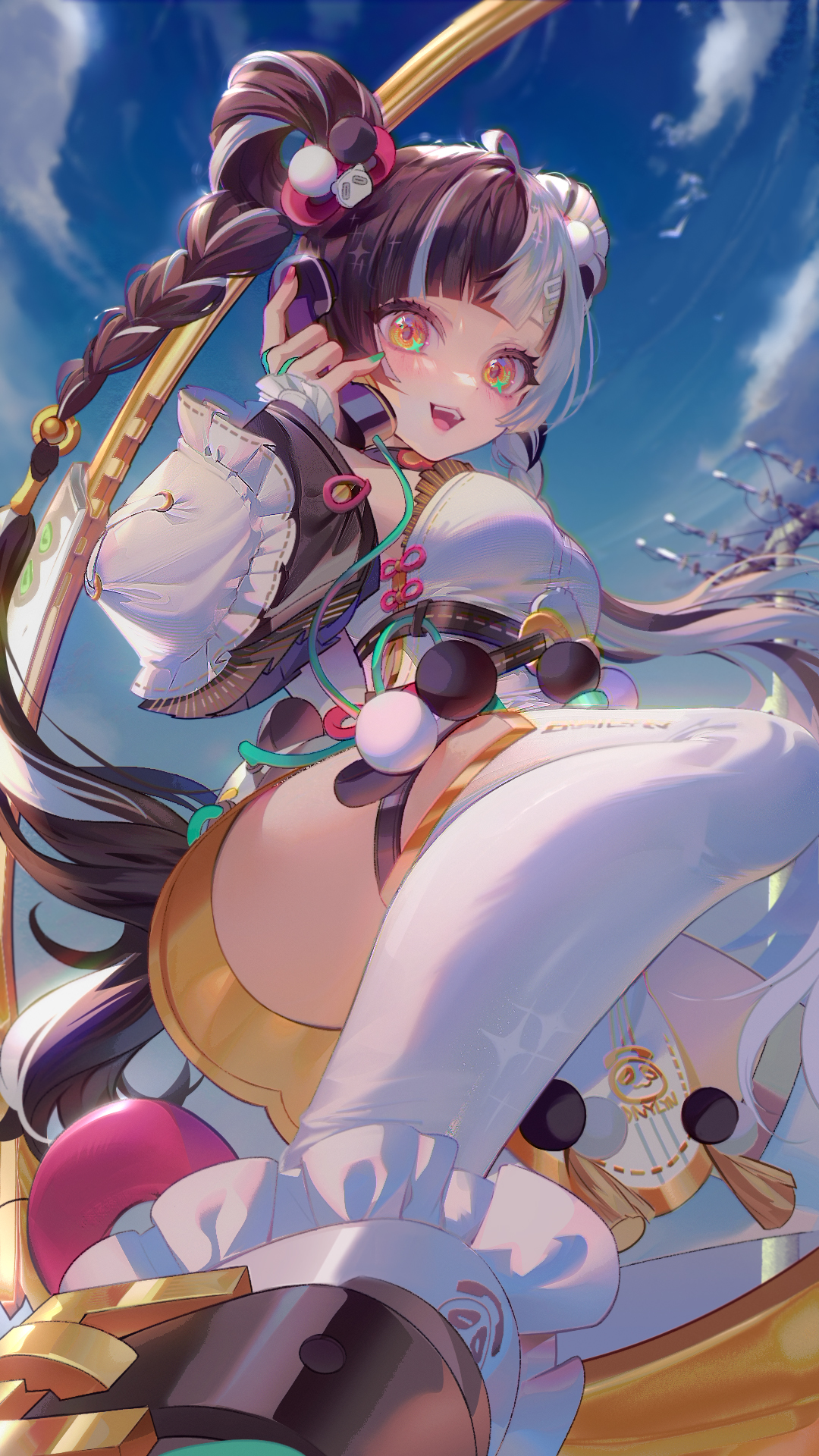 ziiiing, dialyn (zenless zone zero), zenless zone zero, commentary request, highres, 1girl, ahoge, animal print, aqua nails, bare shoulders, bear print, black hair, black shoes, blue sky, blush, braid, braided twintails, chakram, china dress, chinese clothes, cloud, corded phone, detached sleeves, dress, from below, hair extensions, hair ornament, holding, holding phone, long hair, looking at viewer, multicolored hair, multicolored nails, open mouth, outdoors, panda hair ornament, panda print, pelvic curtain, phone, ring hair extensions, shoes, sky, solo, sparkling eyes, split-color hair, thighhighs, weapon, white dress, white hair, white thighhighs, yellow eyes