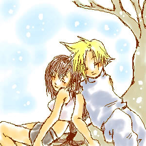 cloud strife, tifa lockhart, final fantasy, final fantasy vii, lowres, 1990s (style), back-to-back, closed eyes, sleeping, snow, tree, under tree