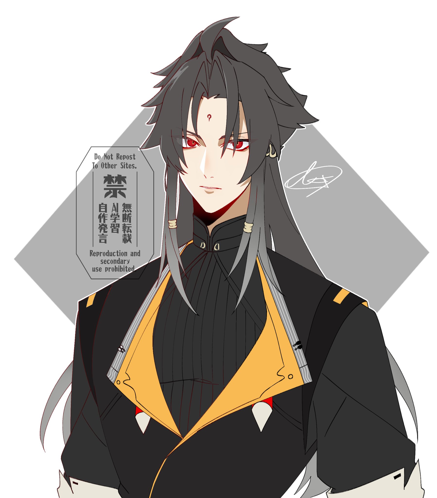 ye shiyuan, zenless zone zero, highres, 1boy, black hair, black jacket, chinese clothes, closed mouth, droopy ears, facial mark, forehead mark, grey background, jacket, long hair, looking at viewer, male focus, no910 zzz, parted bangs, red eyes, signature, solo, transformation, upper body, v-shaped eyebrows, white background