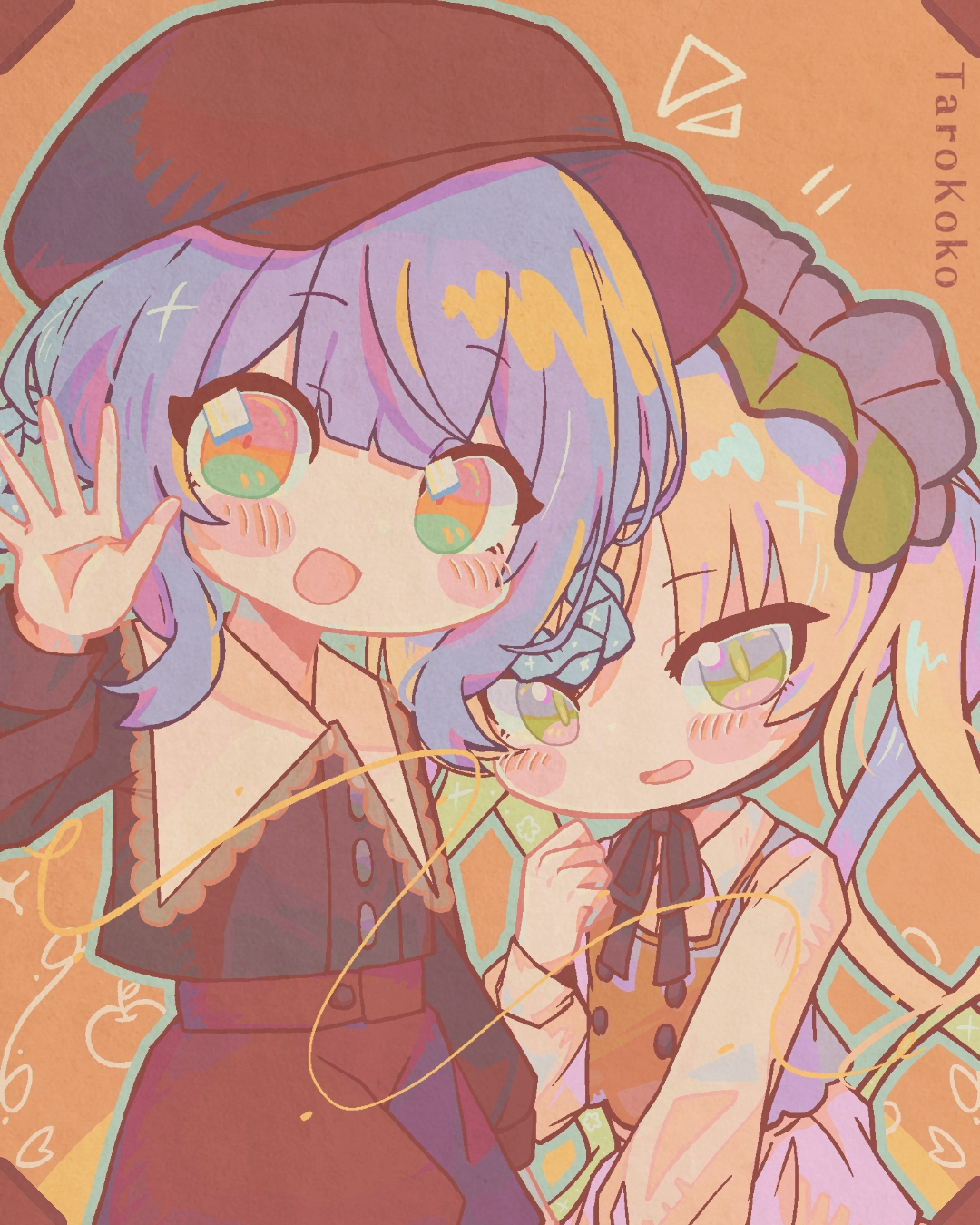 tachibana sherry, tono hanna, mahou shoujo no majo saiban, commentary request, highres, 2girls, artist name, black ribbon, black shirt, blonde hair, blue hair, braid, braided hair rings, brown hat, brown skirt, collared shirt, green hairband, hair rings, hairband, hand up, hat, long hair, long sleeves, looking at viewer, multiple girls, neck ribbon, official alternate costume, open hand, open mouth, outline, ribbon, shirt, short hair, skirt, smile, tarokoko, treasure cafe, vest, yellow eyes