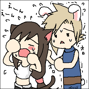 cloud strife, tifa lockhart, final fantasy, final fantasy vii, lowres, 1990s (style), animal ears, blush, blush stickers, cat ears, cat tail, crying, rabbit ears, rabbit tail, retro artstyle, simple background, tail, tears, white background