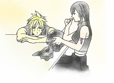 cloud strife, tifa lockhart, final fantasy, final fantasy vii, lowres, 1990s (style), sewing