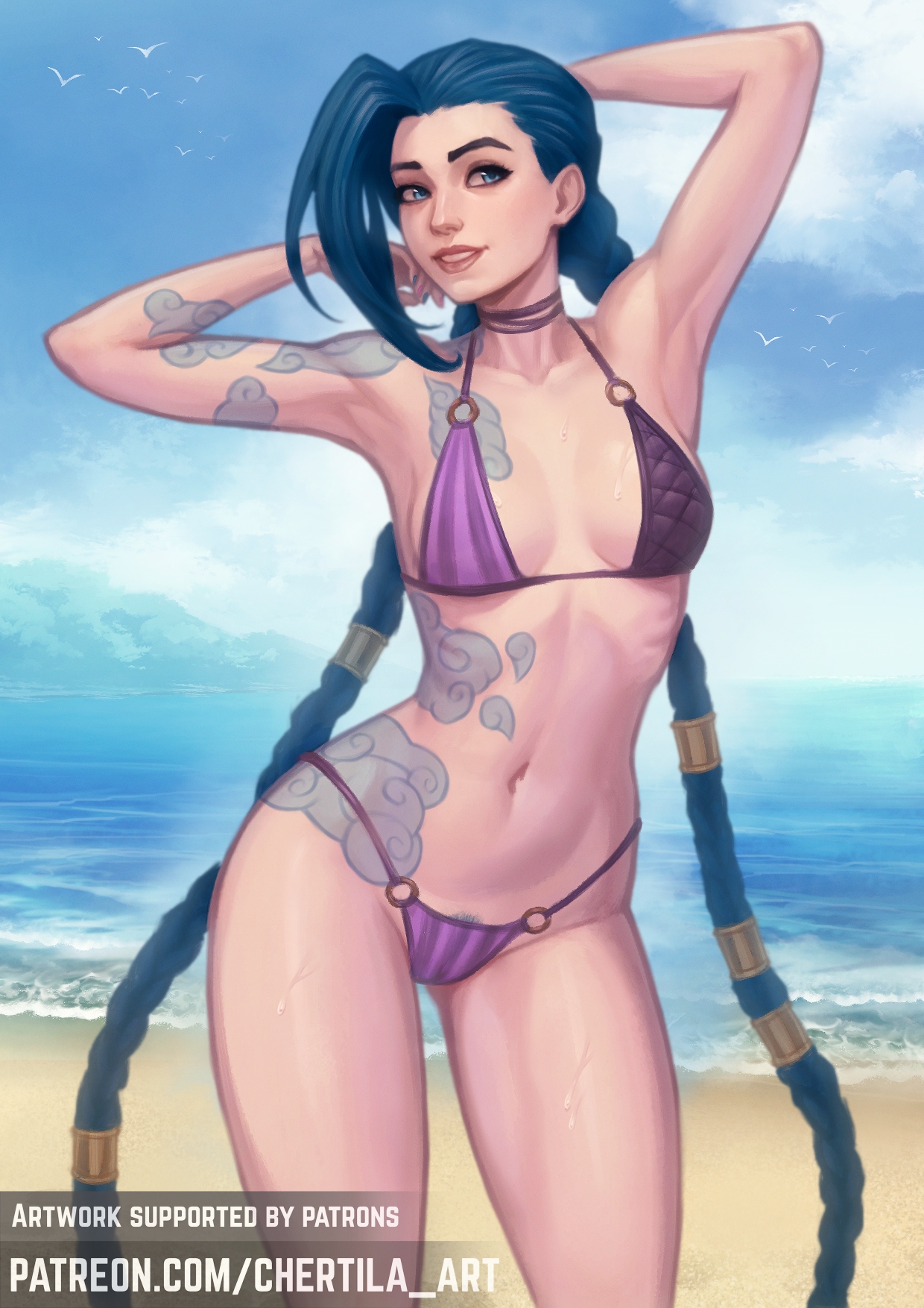 jinx (league of legends), league of legends, commentary, commission, english commentary, highres, 1girl, artist name, asymmetrical bangs, beach, bikini, blue hair, braid, breasts, chertila, cloud tattoo, collarbone, day, female pubic hair, long hair, medium breasts, ocean, outdoors, pink bikini, pubic hair, shiny skin, smile, striped bikini, striped clothes, swimsuit, tattoo, teeth, twin braids, twintails, water, watermark, web address