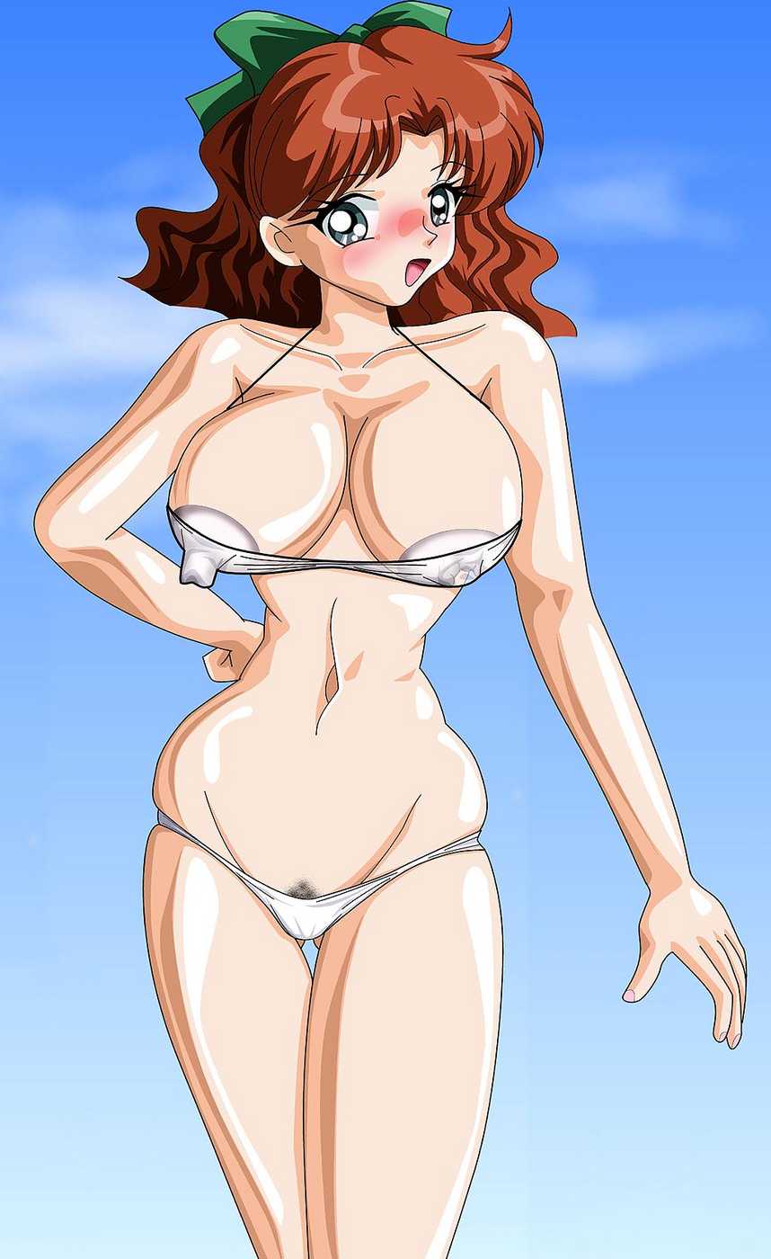 osaka naru, bishoujo senshi sailor moon, highres, bikini, blush, breasts, cleavage, poorly drawn, smile, swimsuit
