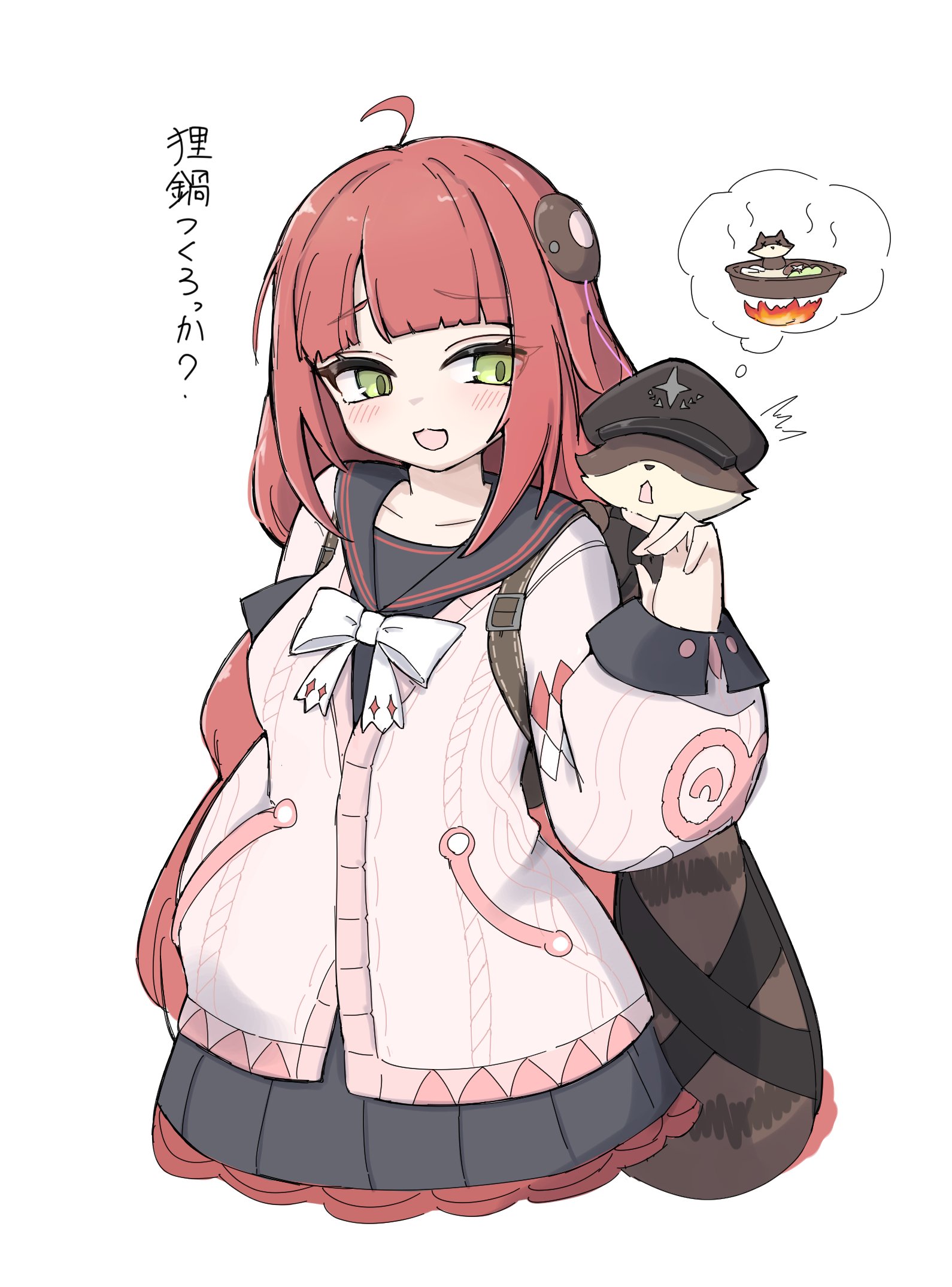 kamanosuke (zenless zone zero), ukinami yuzuha, zenless zone zero, commentary request, highres, translation request, 1girl, ^^^, ahoge, animal on back, black hat, black skirt, blush, braid, braided twintails, cardigan, chest bow, collarbone, green eyes, gusumandesuyo, hand up, hat, hearing aid, layered skirt, long hair, looking at animal, open mouth, pink cardigan, raccoon, red hair, simple background, skirt, spoken food, tanuki, white background