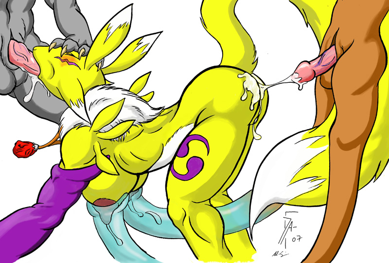 renamon, digimon, anal, cum, digimon (creature), fellatio, furry, group sex, oral, sex, threesome