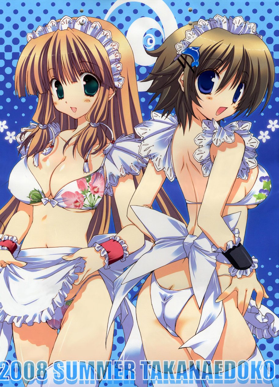 takanae kyourin, highres, 2girls, apron, apron lift, arm garter, ass, bikini, black hair, blue eyes, breasts, brown hair, butt crack, cameltoe, cleavage, clothes lift, covered erect nipples, floral print, flower, front-tie top, green eyes, hair ornament, hairclip, large breasts, looking at viewer, looking back, multiple girls, nearly naked apron, open mouth, shiny skin, swimsuit, thigh gap, thighhighs, underboob, white thighhighs