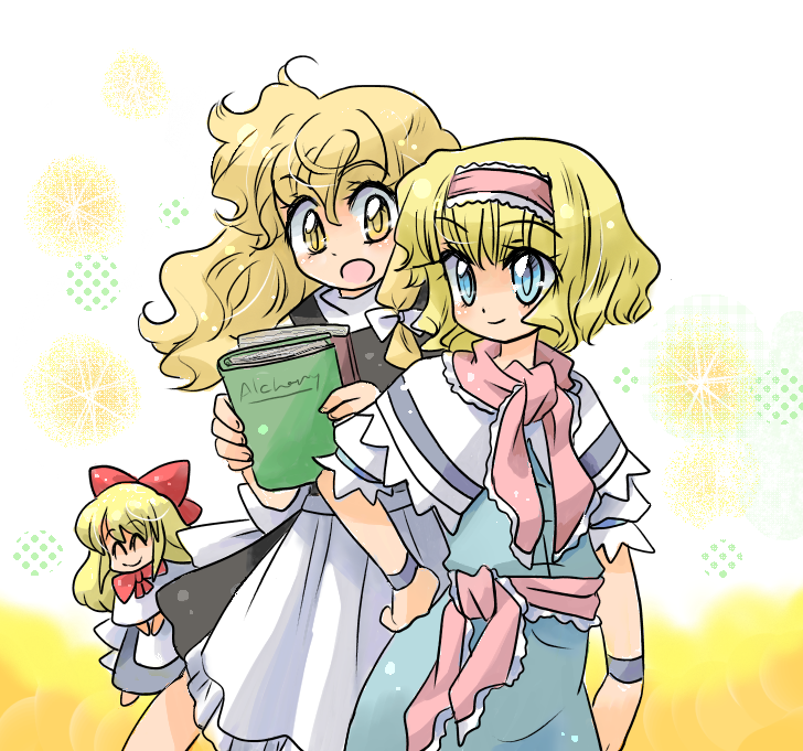 pista, alice margatroid, kirisame marisa, shanghai doll, touhou, 3girls, blonde hair, blue eyes, book, doll, dress, female focus, hairband, multiple girls, short hair, white background, yellow eyes