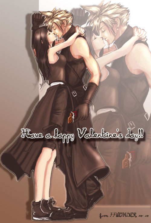 cloud strife, tifa lockhart, final fantasy, final fantasy vii, 1990s (style), chocolate, happy valentine, hug, kiss, valentine
