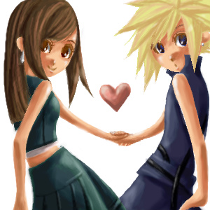 cloud strife, tifa lockhart, final fantasy, final fantasy vii, lowres, 1990s (style), aged down, alternate costume, heart, holding hands, skirt