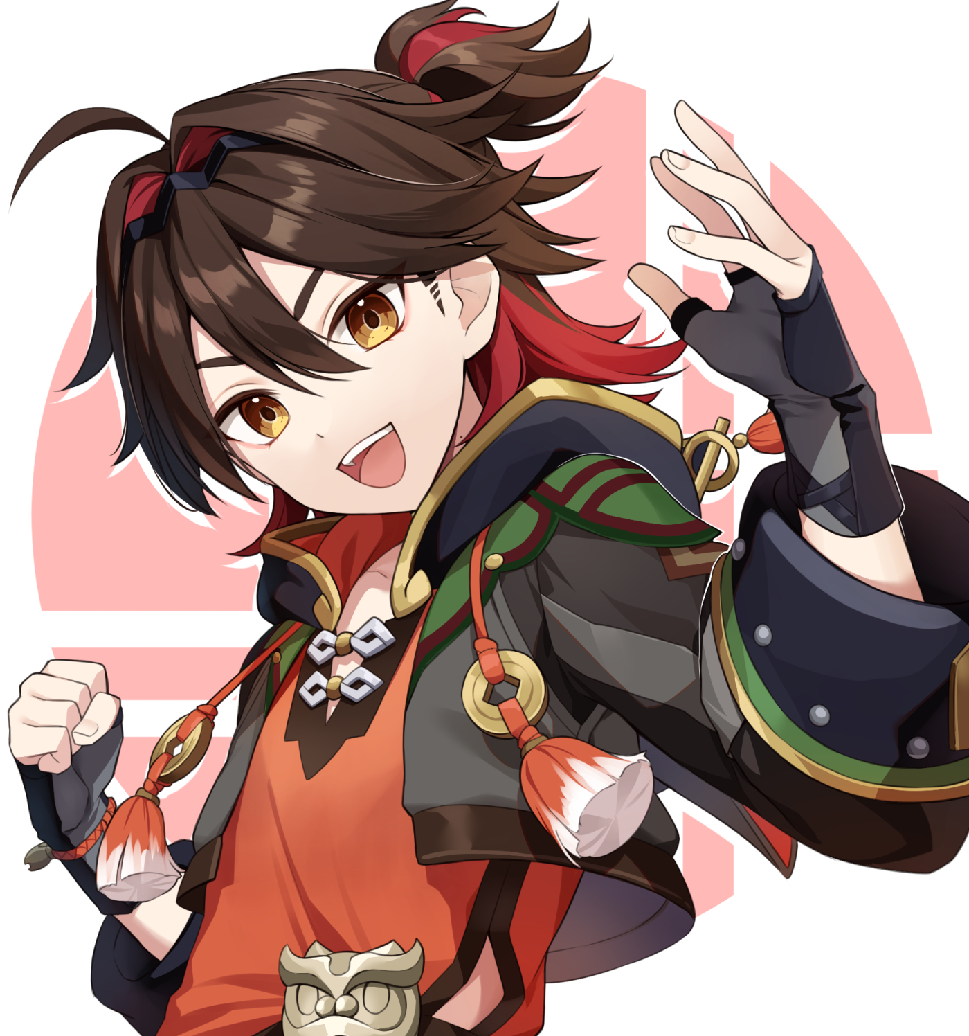 iroiro 0w0, gaming (genshin impact), genshin impact, commentary request, highres, 1boy, :d, ahoge, black gloves, brown eyes, brown hair, clenched hand, fingerless gloves, gloves, hair between eyes, jacket, looking at viewer, male focus, open hand, open mouth, shirt, simple background, smile, solo, teeth, upper body, upper teeth only, white background