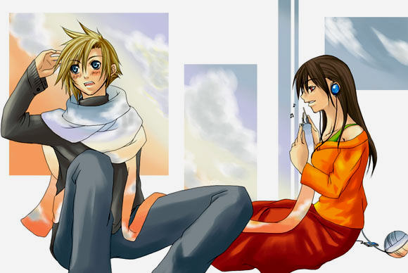 cloud strife, tifa lockhart, final fantasy, final fantasy vii, 1990s (style), alternate costume, cloud, long skirt, scarf, skirt, sky