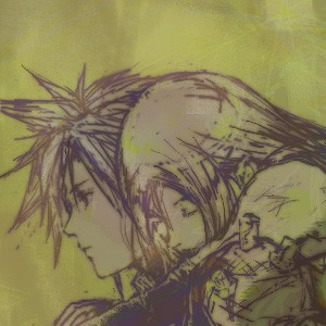 niko (silent.whitesnow), cloud strife, tifa lockhart, final fantasy, final fantasy vii, lowres, 1990s (style), carrying, closed eyes, hug, hug from behind, piggyback, retro artstyle, sleeping