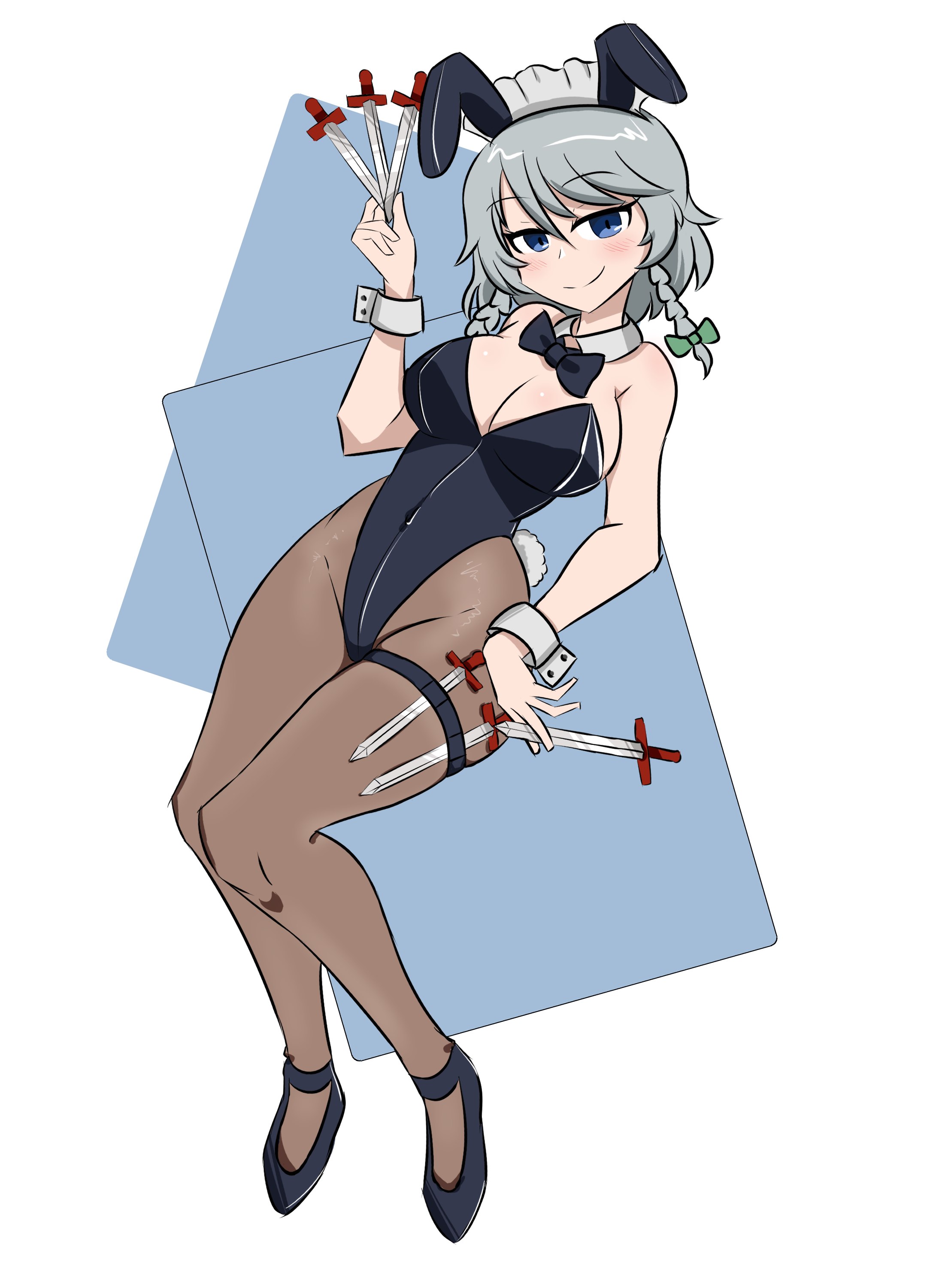 avian zebra, izayoi sakuya, touhou, absurdres, commentary, english commentary, highres, 1girl, animal ear hairband, animal ears, belt, black bow, black bowtie, black leotard, black pantyhose, black shoes, blue eyes, bow, bowtie, braid, braided sidelocks, breasts, bunny day, detached collar, fake animal ears, fake tail, grey hair, groin, hairband, highleg, highleg leotard, holding, holding knife, knife, leotard, looking at viewer, pantyhose, playboy bunny, rabbit ear hairband, rabbit ears, rabbit tail, shoes, smile, solo, strapless, strapless leotard, tail, thigh belt, thigh strap, white wrist cuffs, wrist cuffs