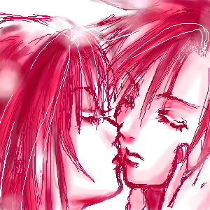 garakuta (chika), cloud strife, tifa lockhart, final fantasy, final fantasy vii, lowres, 1990s (style), closed eyes, imminent kiss, monochrome, pink theme, retro artstyle