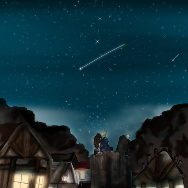 cloud strife, tifa lockhart, final fantasy, final fantasy vii, 1990s (style), holding, nibelheim, night, retro artstyle, shooting star, side-by-side, sky, star (symbol)
