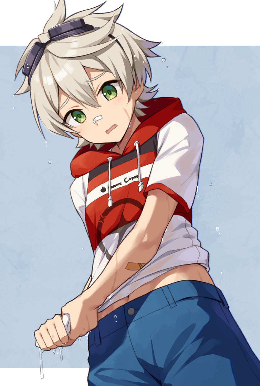 iroiro 0w0, bennett (genshin impact), bennett (keep) (genshin impact), genshin impact, commentary request, highres, 1boy, bandaid, bandaid on face, bandaid on nose, blonde hair, blue pants, eyewear on head, goggles, goggles on head, green eyes, hair between eyes, hood, hoodie, male focus, midriff, official alternate costume, open mouth, pants, red hoodie, short hair, solo, stomach, wet