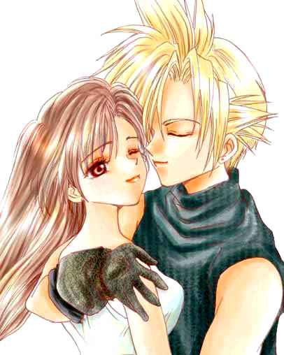 cloud strife, tifa lockhart, final fantasy, final fantasy vii, 1990s (style), closed eyes, hug, imminent kiss, one eye closed, wink