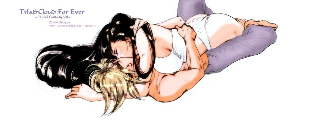 cloud strife, tifa lockhart, final fantasy, final fantasy vii, cloud tifa, topless, hug, kiss, no pants, panties, white panties