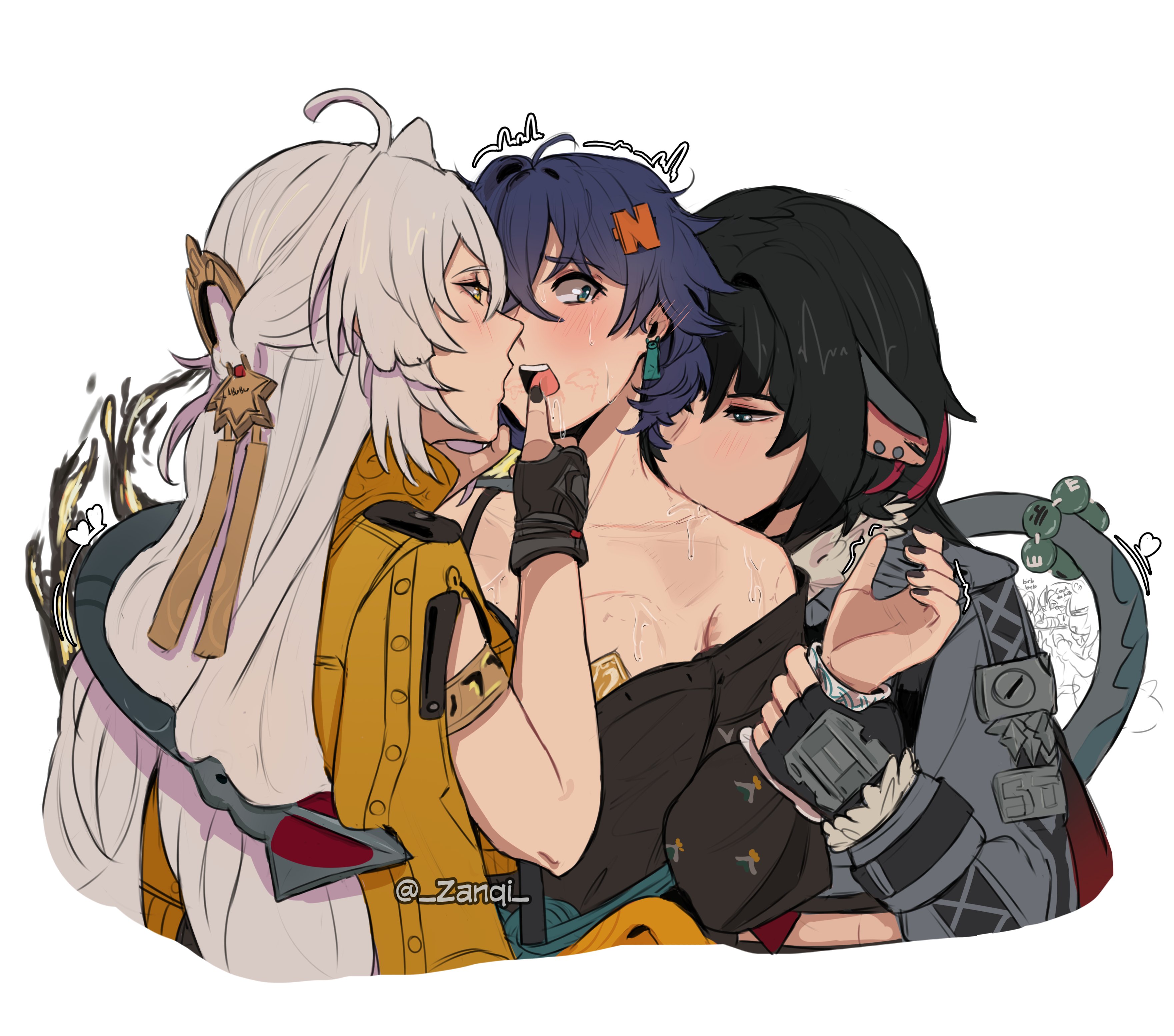 zanqi, belle (delicate sunlight) (zenless zone zero), belle (zenless zone zero), jane doe (zenless zone zero), ju fufu, pan yinhu, ye shunguang, yixuan (zenless zone zero), zenless zone zero, absurdres, commentary, highres, symbol-only commentary, 5girls, animal ears, black hair, blue hair, blush, chinese clothes, colored inner hair, earrings, fingerless gloves, gloves, green eyes, hair ornament, holding another's wrist, jewelry, letter hair ornament, long hair, mouse ears, mouse girl, mouse tail, multicolored hair, multiple girls, off shoulder, official alternate costume, red hair, tail, very long hair, white hair, yuri