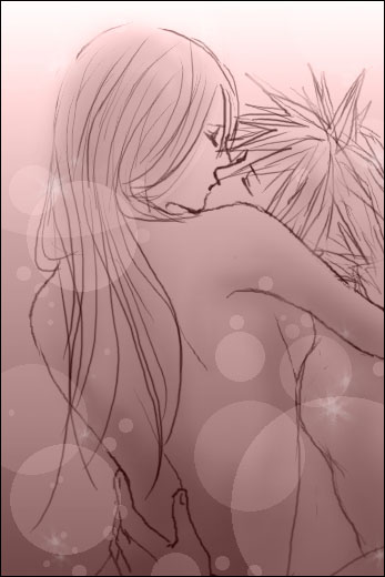 cloud strife, tifa lockhart, final fantasy, final fantasy vii, 1990s (style), from behind, kiss, monochrome, nude, sepia