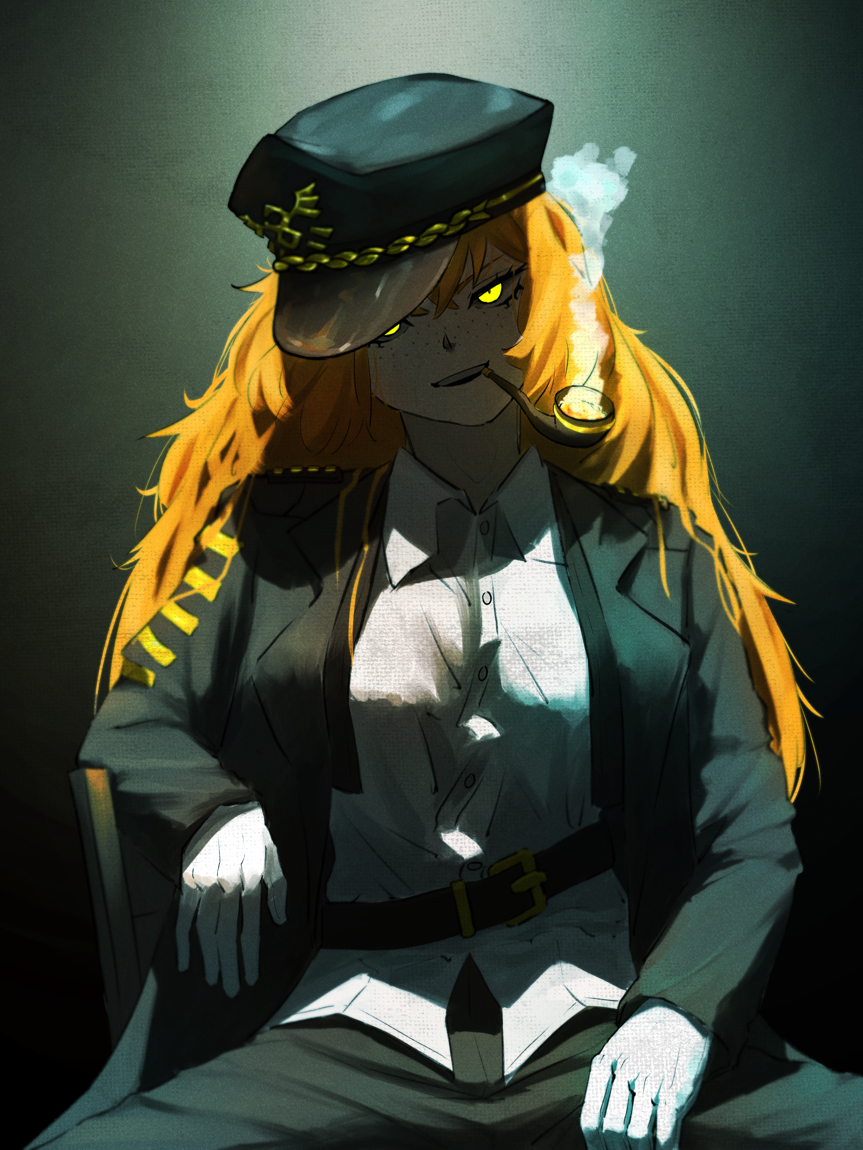 itsukaonline, ishmael (project moon), limbus company, project moon, absurdres, commentary, english commentary, highres, 1girl, belt, brown belt, gloves, glowing, glowing eyes, green hat, green jacket, green pants, grin, hat, jacket, lapels, long hair, long sleeves, looking at viewer, military hat, notched lapels, orange hair, pants, pequod (identity) (project moon), sitting, smile, smoke, smoking, smoking pipe, solo, white gloves, yellow eyes