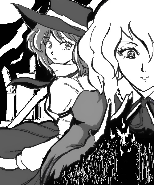 flx, maribel hearn, usami renko, touhou, 2girls, :d, :o, dress, fedora, female focus, greyscale, hat, long sleeves, looking at viewer, monochrome, multiple girls, open mouth, shirt, skirt, smile, upper body