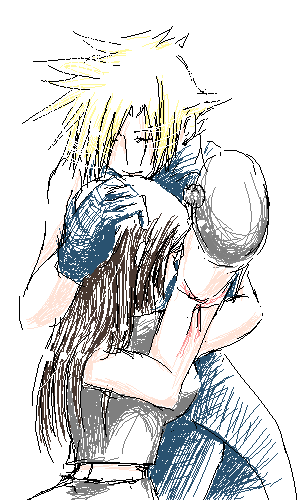 cloud strife, tifa lockhart, final fantasy, final fantasy vii, lowres, 1990s (style), from behind, hug, sketch