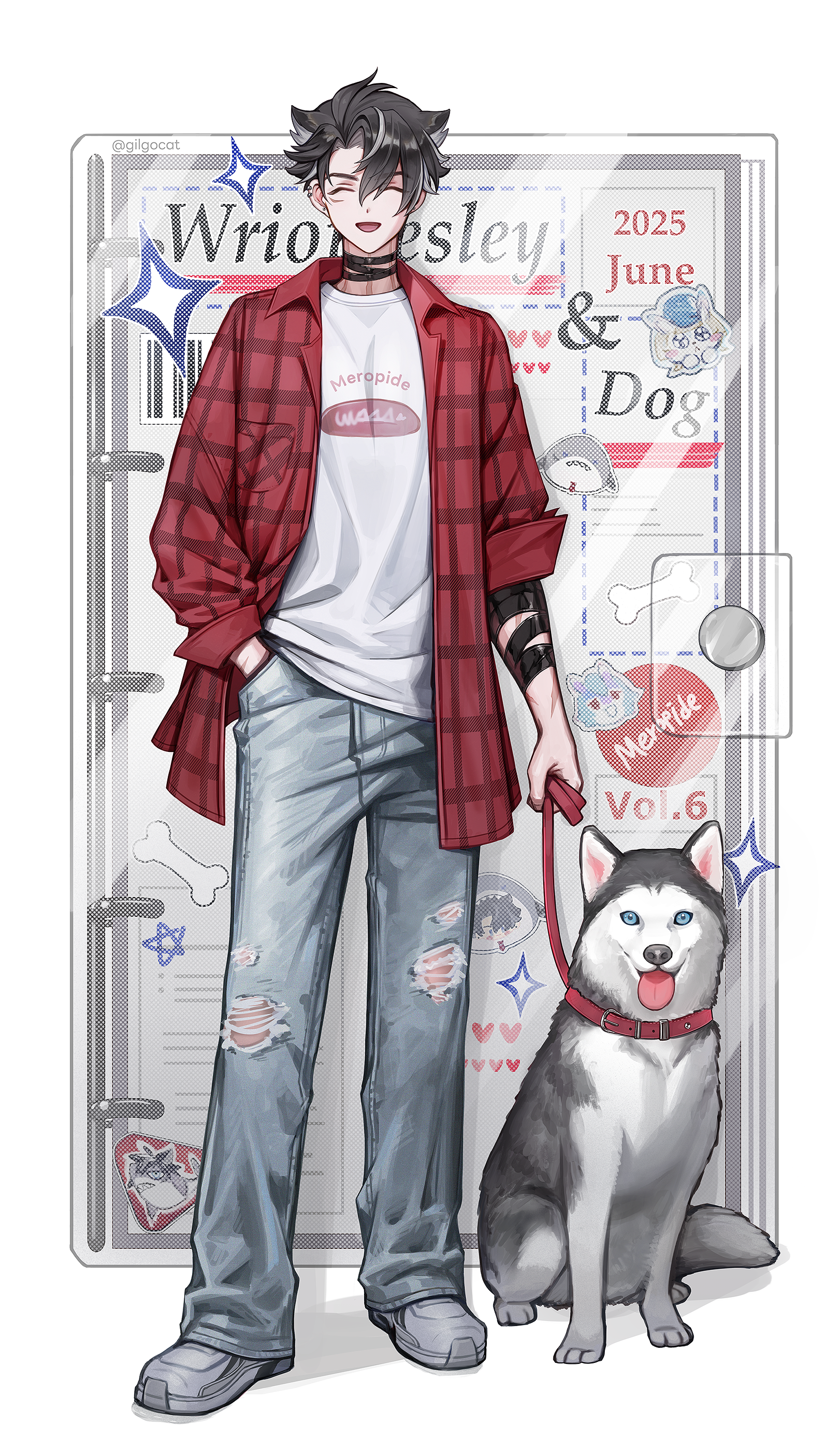 kkomommo, wriothesley (genshin impact), genshin impact, absurdres, commentary, highres, symbol-only commentary, 1boy, bandaged neck, bandages, black bandages, black fur, black hair, blue eyes, closed eyes, dog, earrings, grey hair, grey pants, grey shoes, hair between eyes, jacket, jewelry, male focus, multicolored fur, multicolored hair, open mouth, pants, red jacket, scar, scar on neck, shirt, shoes, short hair, solo, streaked hair, tongue, tongue out, torn clothes, torn pants, white fur, white shirt